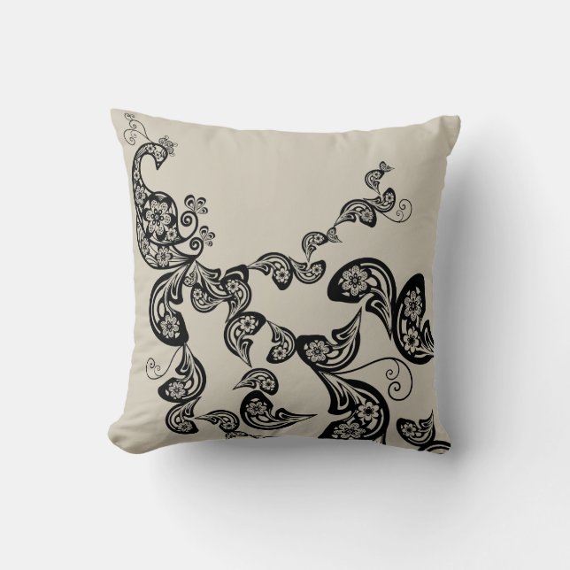 Floral Art Deco Peacock Pattern Black Art Cushion (Front)