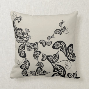 Floral Art Deco Peacock Pattern Black Art Cushion