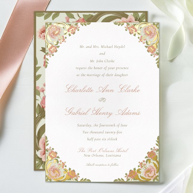 Floral Art Deco Sage Green Foil Invitation (Creator Uploaded)