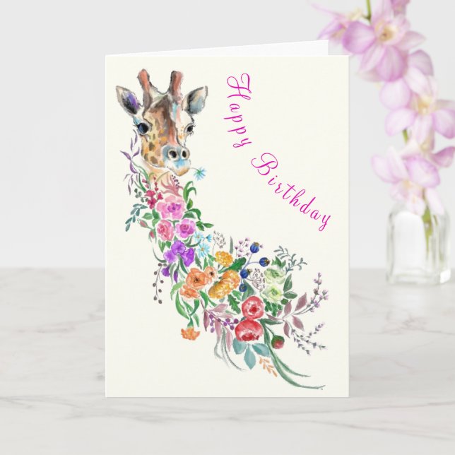 Floral Art Giraffe Birthday Card (Orchid)