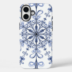 Floral Art Nouveau Cornflower Blue Design on White iPhone 16 Plus Case