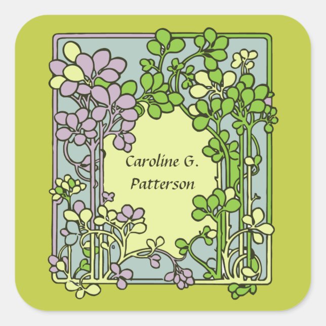 Floral Art Nouveau Ex-Libris Square Sticker (Front)