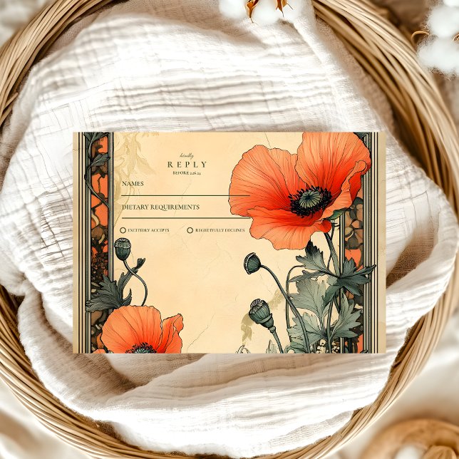 Floral Art Nouveau Poppy  Wedding RSVP Card (Creator Uploaded)