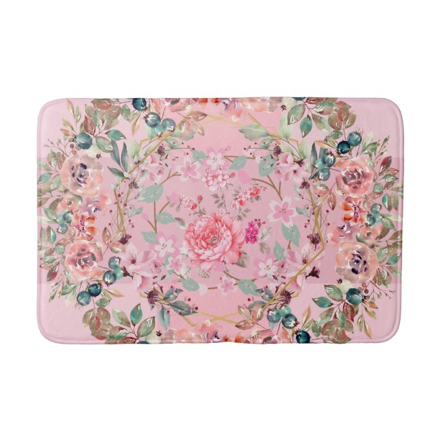 Floral Art, Pink Floral Wreath Bath Mat (Front)