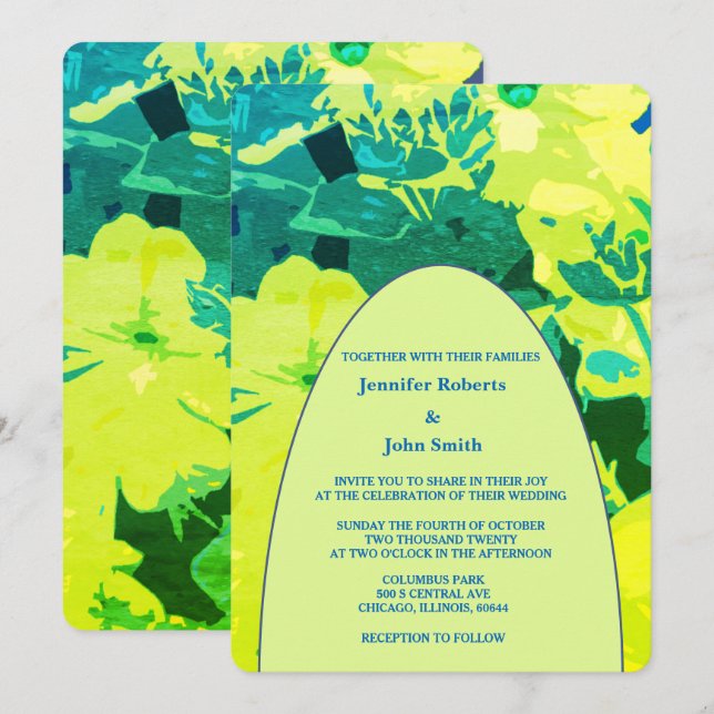 Floral Artsy Yellow Blue Green Garden Arch Wedding Invitation (Front/Back)