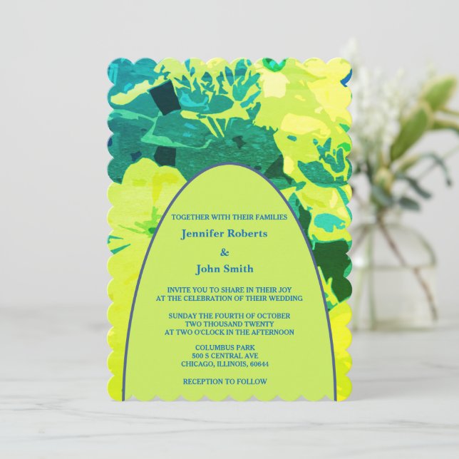 Floral Artsy Yellow Green Blue Garden Arch Wedding Invitation (Standing Front)