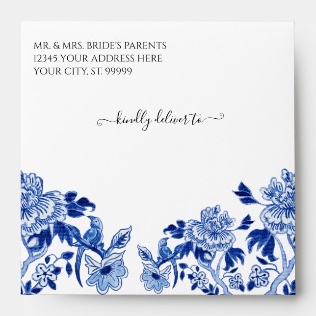 Floral Asian Influence Navy Chinoiserie Square Envelope (Front)