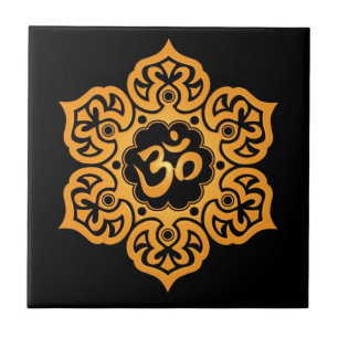 Floral Aum Design, golden black Tile