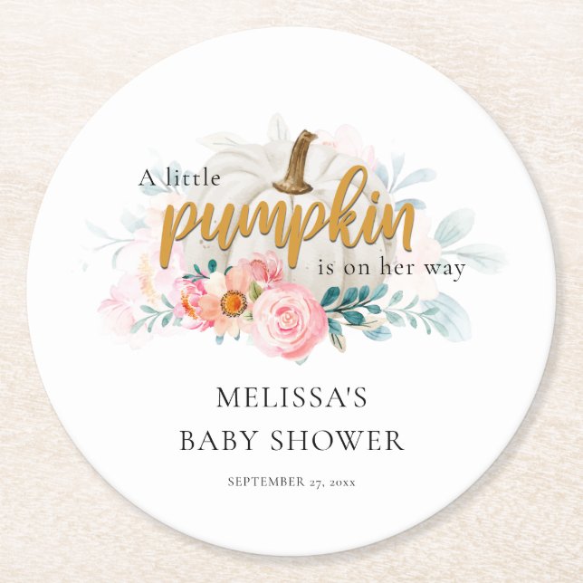 Floral Autumn Fall Pumpkin Baby Shower Round Paper Coaster (Front)