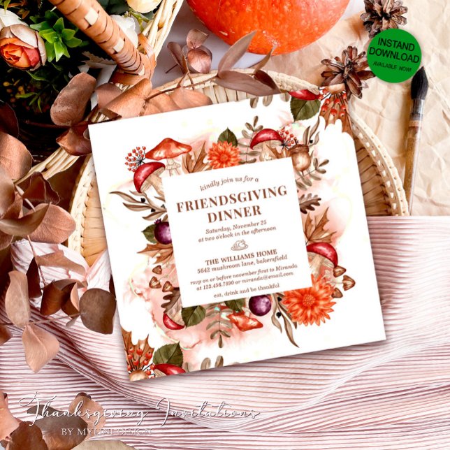 Floral Autumn Leaves Mushroom Thanksgiving Dinner Invitation (Creator Uploaded)