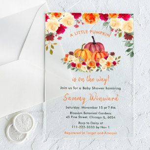 Floral Autumn Orange Pumpkins Baby Shower Acrylic Invitations