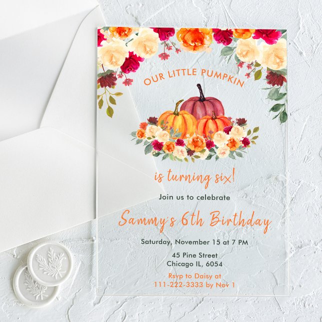 Floral Autumn Orange Pumpkins Birthday Party Acrylic Invitations (Creator Uploaded)