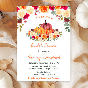 Floral Autumn Orange Pumpkins Bridal Shower Invitation
