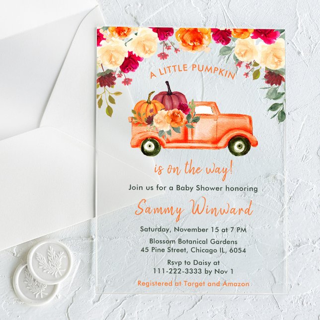Floral Autumn Pumpkin Truck Baby Shower Acrylic Invitations (Creator Uploaded)