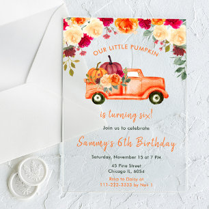 Floral Autumn Pumpkin Truck Birthday Party Acrylic Invitations