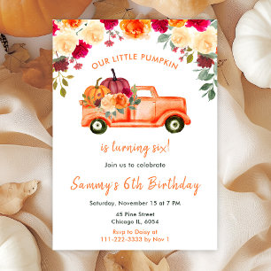 Floral Autumn Pumpkin Truck Birthday Party Invitation