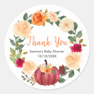 Floral Autumn Pumpkins Baby Shower Thank You Classic Round Sticker