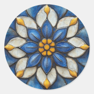 Floral Azulejo Blue White and Yellow Classic Round Sticker