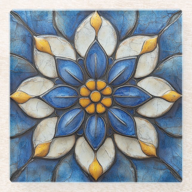 Floral Azulejo Blue White and Yellow Glass Coaster (Front)
