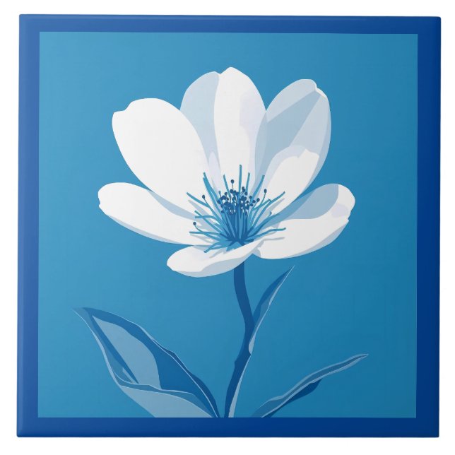 Floral Azulejo Mediterranean Blue White Tile (Front)