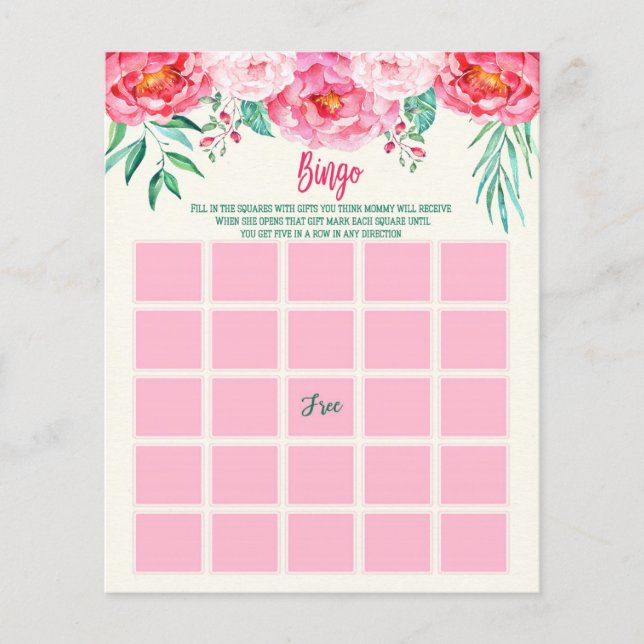 Floral Baby BINGO Card, Baby Shower Games, BINGO (Front)