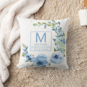 Floral Baby Blue Birth Stats Newborn Baby Cushion
