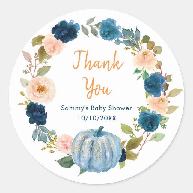 Floral Baby Blue Pumpkin Baby Shower Thank You Classic Round Sticker (Front)