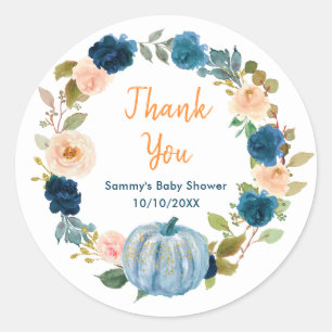 Floral Baby Blue Pumpkin Baby Shower Thank You Classic Round Sticker