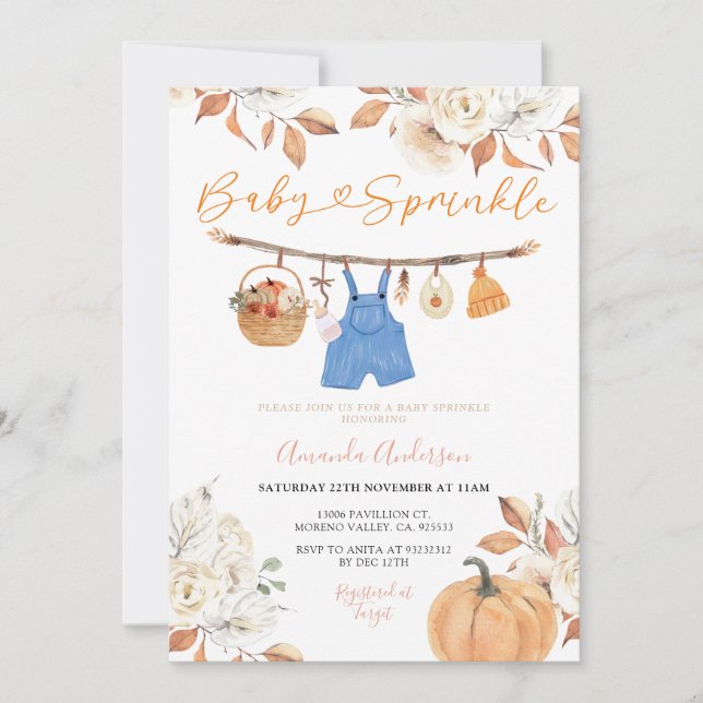 Floral Baby Clothesline Pumpkin Fall Baby Sprinkle Invitation (Front)
