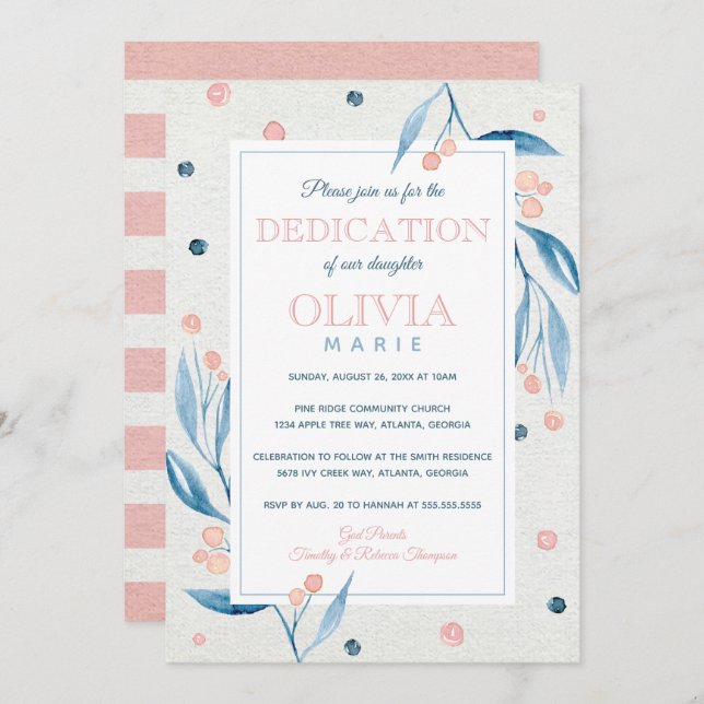 Floral Baby Dedication Invitation, Navy, Pink Invitation (Front/Back)