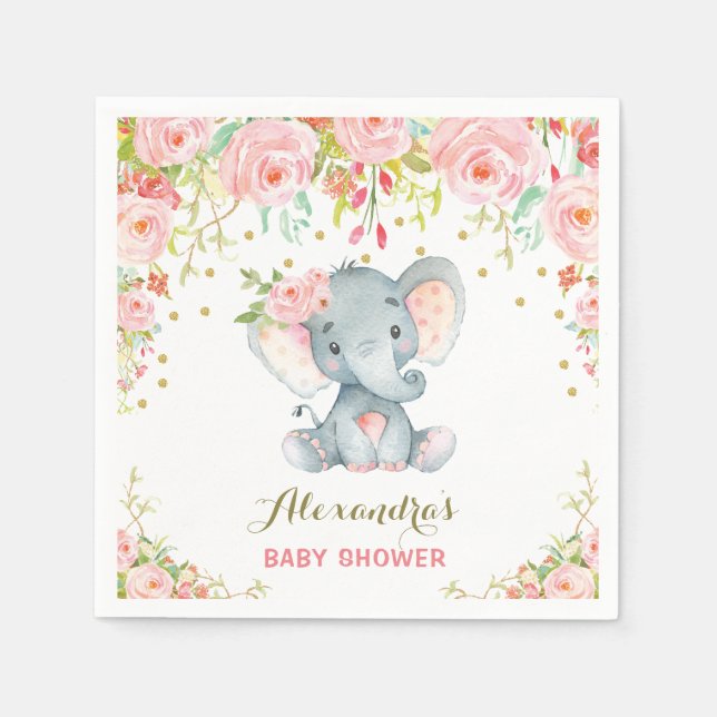 Floral Baby Elephant Birthday Pink Paper Napkin (Front)
