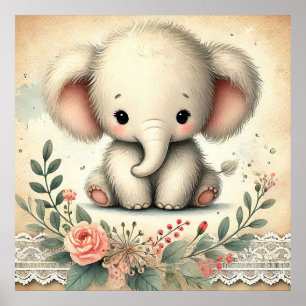 Floral Baby Elephant Nursery Poster