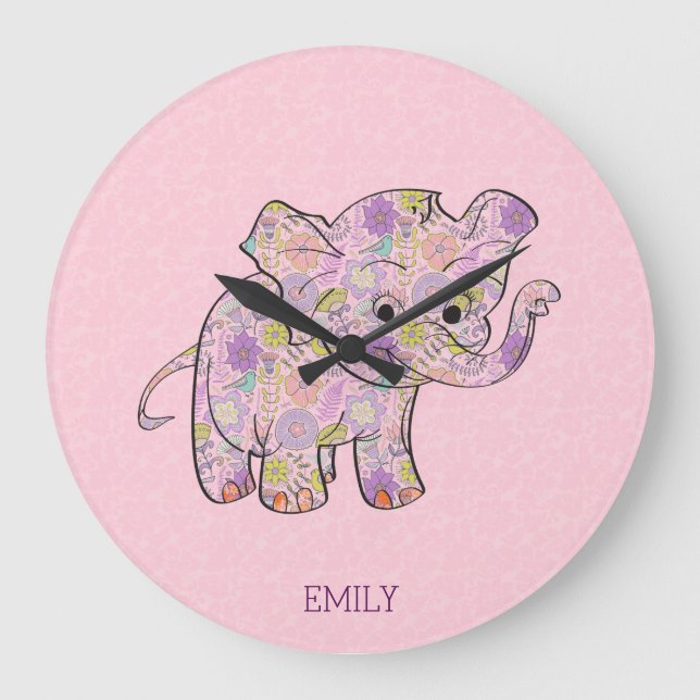 Floral Baby Elephant On Pink Damask Large Clock (Front)