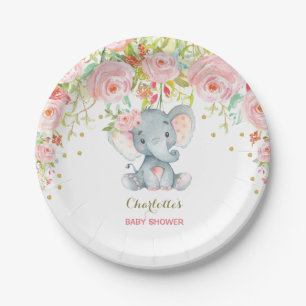Floral Baby Elephant Pink Gold Birthday 7" Plate