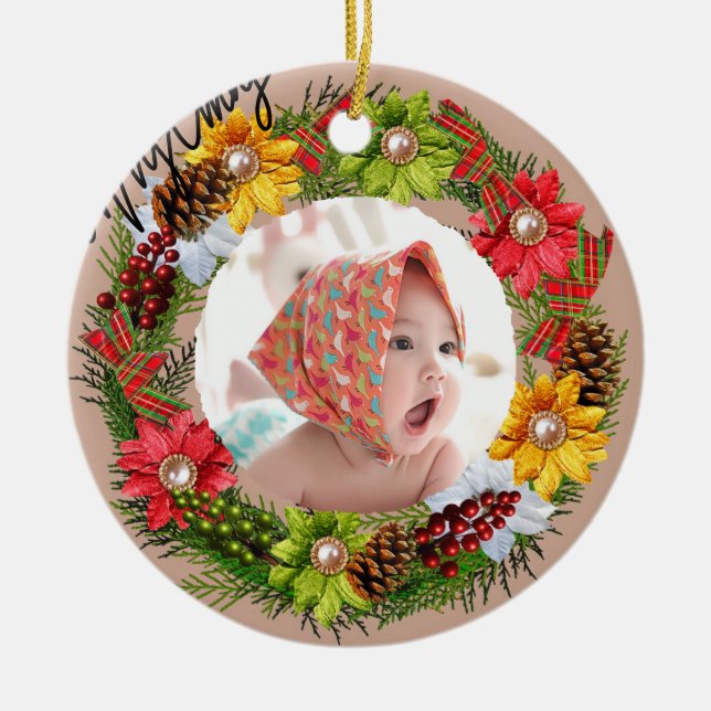 Floral baby first ceramic tree decoration (Front)