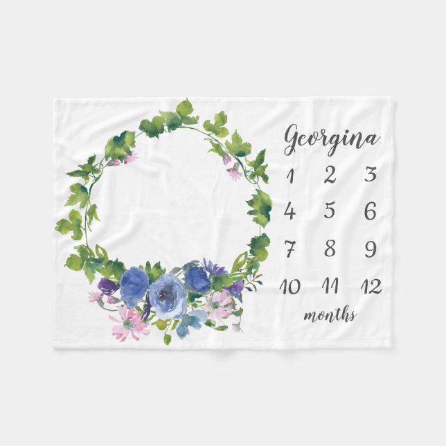 Floral Baby Girl Blue Purple Monthly Milestone Fleece Blanket (Front (Horizontal))