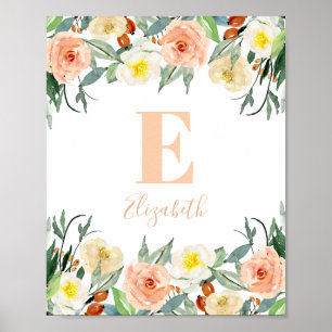 Floral baby girl monogram. Nursery flowers name Poster