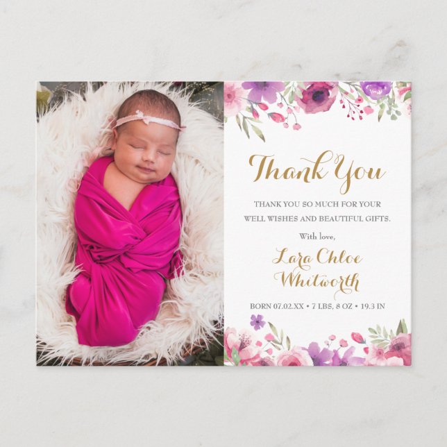 Floral Baby Girl Photo Script Thank You Birth Announcement Postcard (Front)