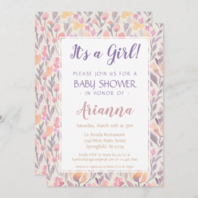 Floral Baby Girl Shower Invitation (Front/Back)