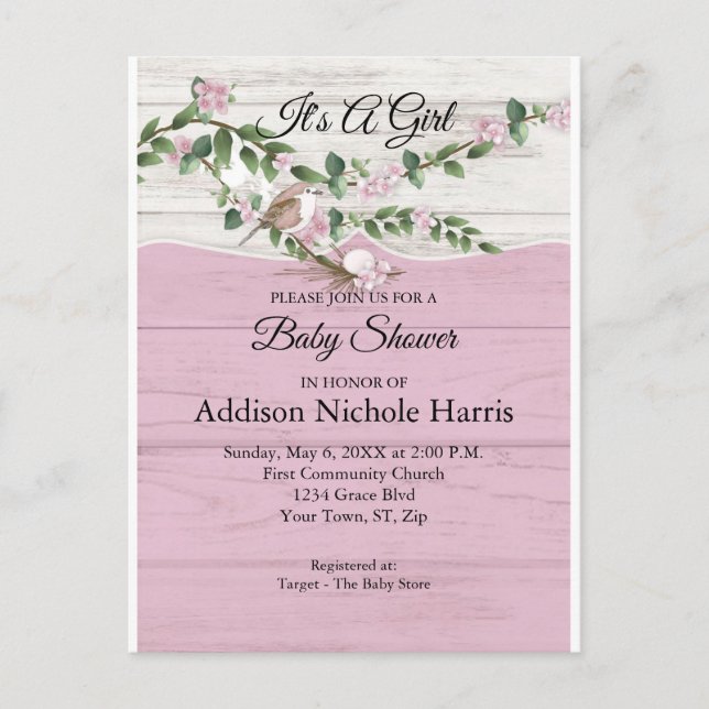 Floral Baby Girl Shower Whitewashed Barn Wood Postcard (Front)