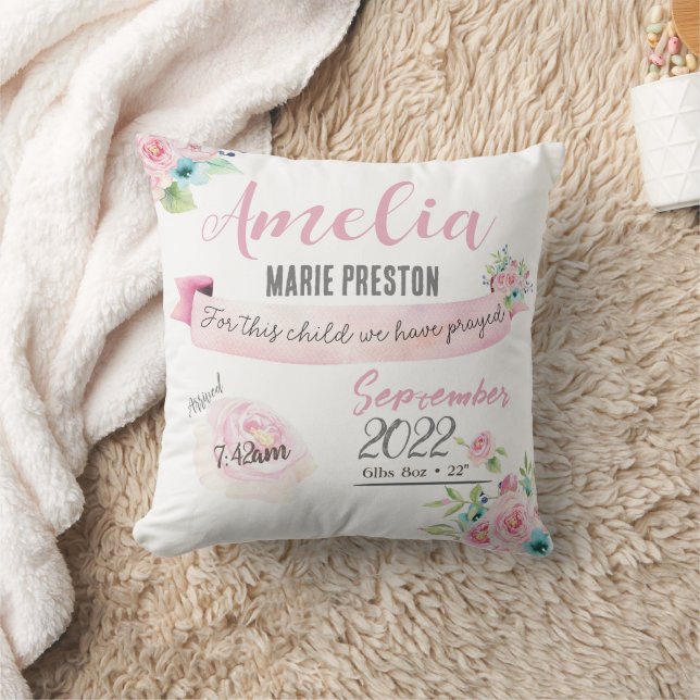 Floral Baby Girl Watercolor Birth Statistics Pink Cushion (Blanket)