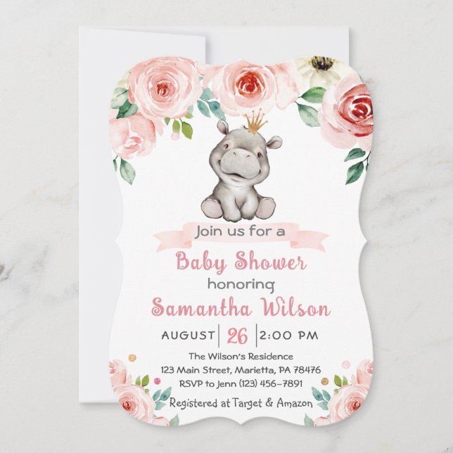 Floral Baby Hippo Princess Baby Shower Invitation (Front)