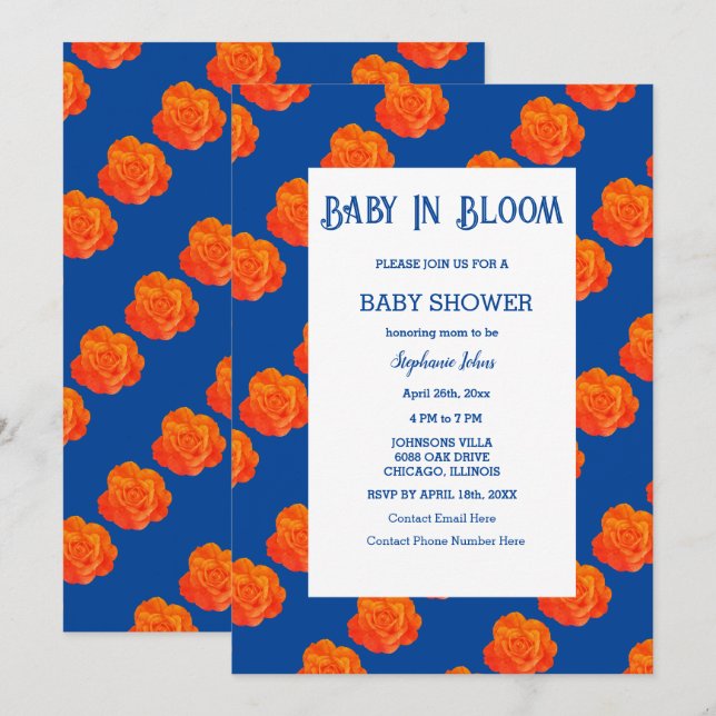  Floral Baby In Bloom Baby Shower Orange Navy Blue Invitation (Front/Back)