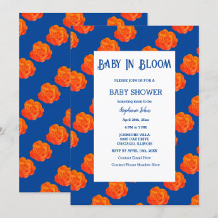  Floral Baby In Bloom Baby Shower Orange Navy Blue Invitation