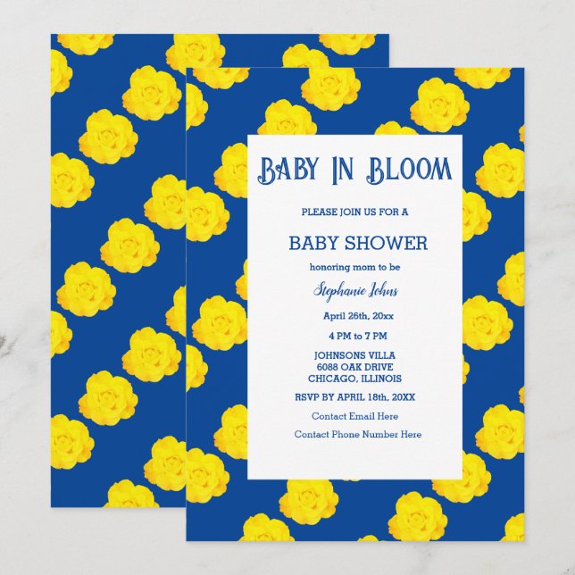  Floral Baby In Bloom Baby Shower Yellow Navy Blue Invitation (Front/Back)
