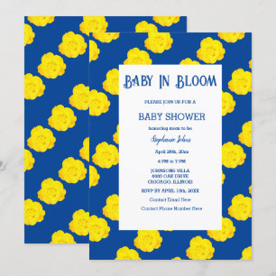  Floral Baby In Bloom Baby Shower Yellow Navy Blue Invitation