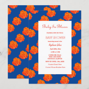  Floral Baby In Bloom Orange Navy Blue Baby Shower Invitation