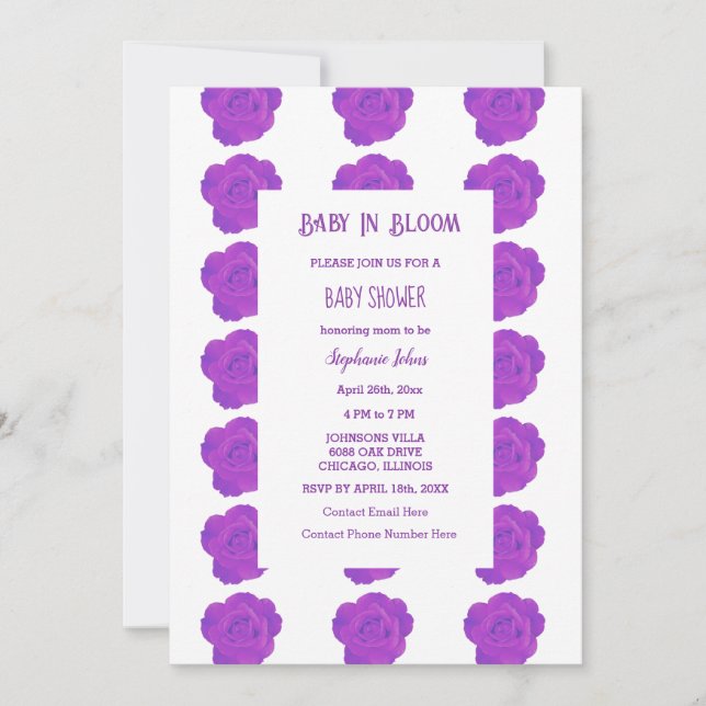 Floral Baby In Bloom Purple Rose Baby Shower Girl Invitation (Front)