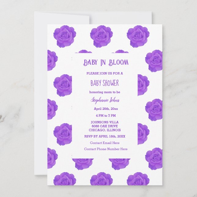 Floral Baby In Bloom Purple Rose Girl Baby Shower Invitation (Front)