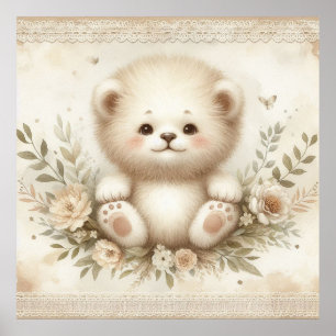 Floral Baby Lion Nursery Poster